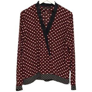 ZARA Blouse Large Black Red Geometric Print Cross Front Womens Top